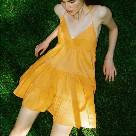 Urban Outfitters UO Yellow Cotton fieldstone tiered mini dress V Neck size S - Picture 12 of 16